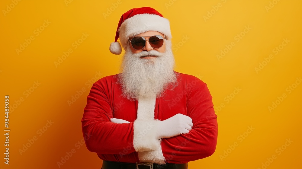 A man in a red Santa suit with sunglasses on a yellow background. He is smiling and looking at the camera A man in a red Santa suit with sunglasses on a yellow background. He is smiling and looking at the camera