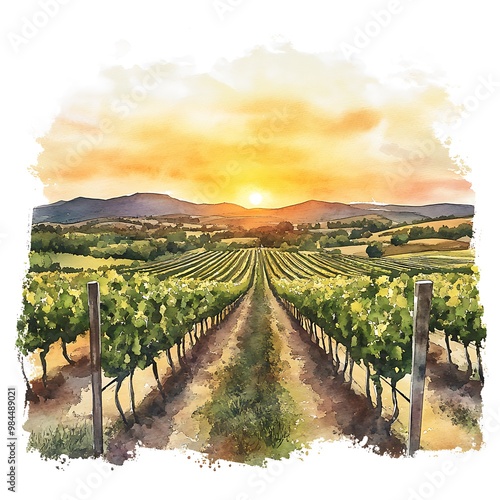 Watercolor Painting of a Vineyard at Sunset.
