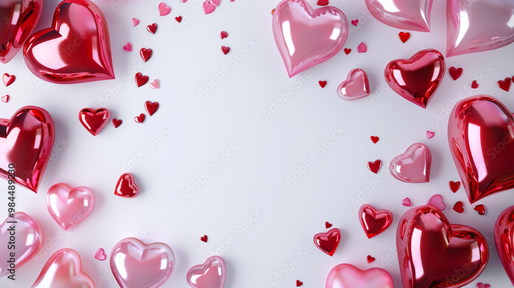 Pink and red shiny hearts against white background Pink and red shiny hearts against white background