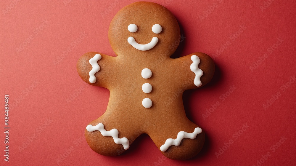 A gingerbread man is smiling on a red background. The cookie is decorated with icing and has a white stripe A gingerbread man is smiling on a red background. The cookie is decorated with icing and has a white stripe