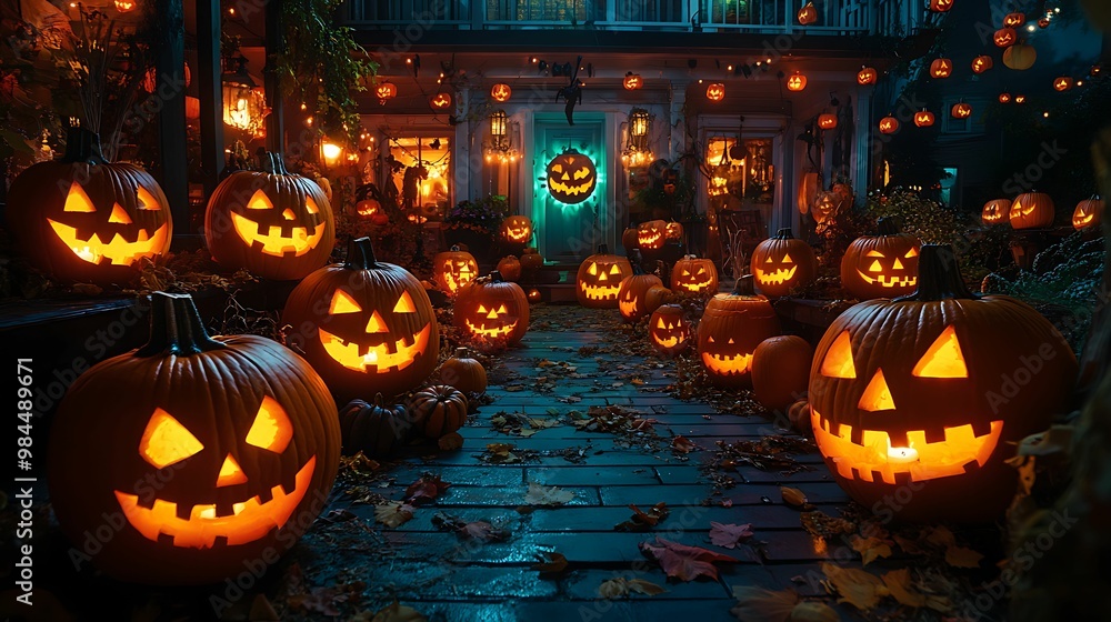 A spooky Halloween porch illuminated by glowing Jack-o'-lanterns, with pumpkins scattered across the walkway, creating a festive, eerie atmosphere. A spooky Halloween porch illuminated by glowing Jack-o'-lanterns, with pumpkins scattered across the walkway, creating a festive, eerie atmosphere.
