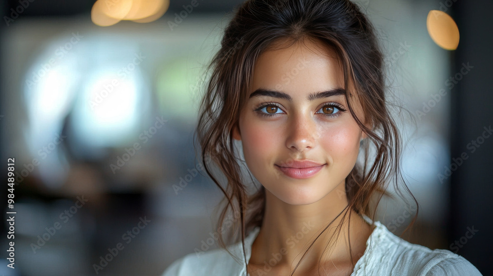Obraz premium Smiling woman with brown hair and eyes.