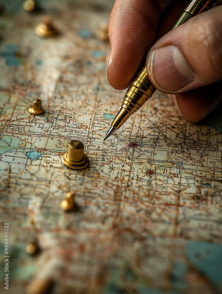 Close-up of a hand using a gold pen to mark a precise location on a detailed map, symbolizing navigation, planning, and exploration. Close-up of a hand using a gold pen to mark a precise location on a detailed map, symbolizing navigation, planning, and exploration.