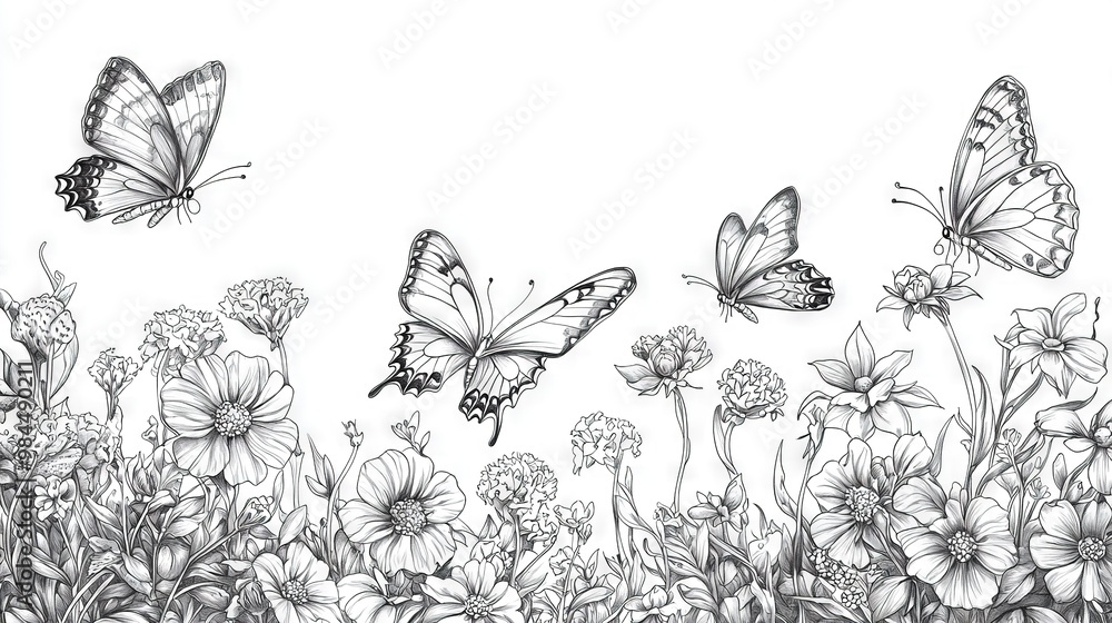 A black and white illustration depicts three butterflies soaring above a meadow of daisy flowers in the foreground A black and white illustration depicts three butterflies soaring above a meadow of daisy flowers in the foreground