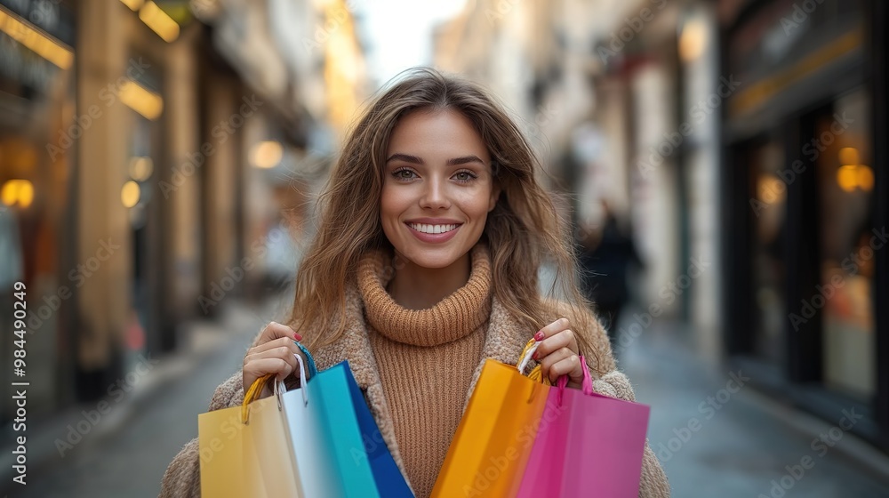 Photo of pretty millennial model lady carry many packs shopper enjoy tourism abroad sales wear fluffy jacket Photo of pretty millennial model lady carry many packs shopper enjoy tourism abroad sales wear fluffy jacket