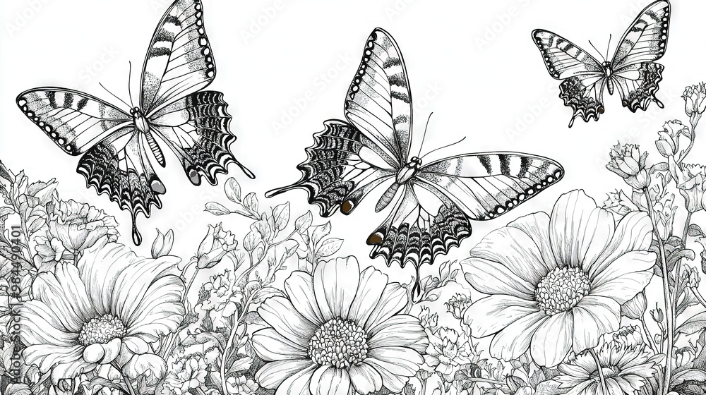 Three butterflies fly over a daisy-filled field in black and white Three butterflies fly over a daisy-filled field in black and white