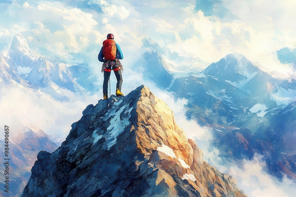 A lone climber stands atop a majestic mountain peak, surrounded by stunning clouds and breathtaking landscapes. A lone climber stands atop a majestic mountain peak, surrounded by stunning clouds and breathtaking landscapes.