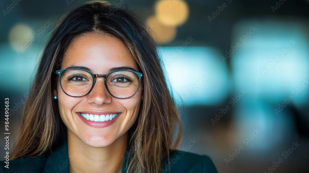 Smiling woman wearing glasses with a blurred background. Smiling woman wearing glasses with a blurred background.