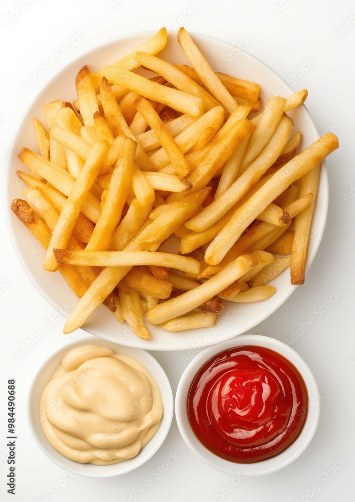 A generous serving of crispy golden fries presented with bowls of mayonnaise and ketchup on the side, against a clean white background. A generous serving of crispy golden fries presented with bowls of mayonnaise and ketchup on the side, against a clean white background.
