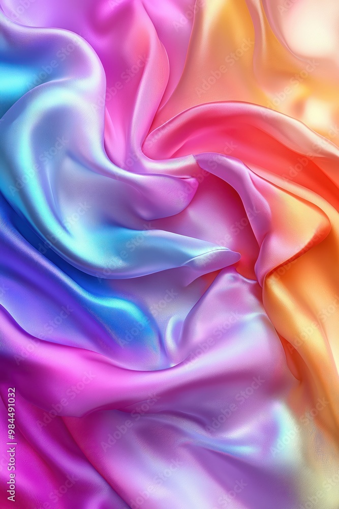Obraz premium Luxurious silk fabric in an abstract display of colors, featuring shades of pink, blue, purple, and orange, draped playfully to create a visually striking image.