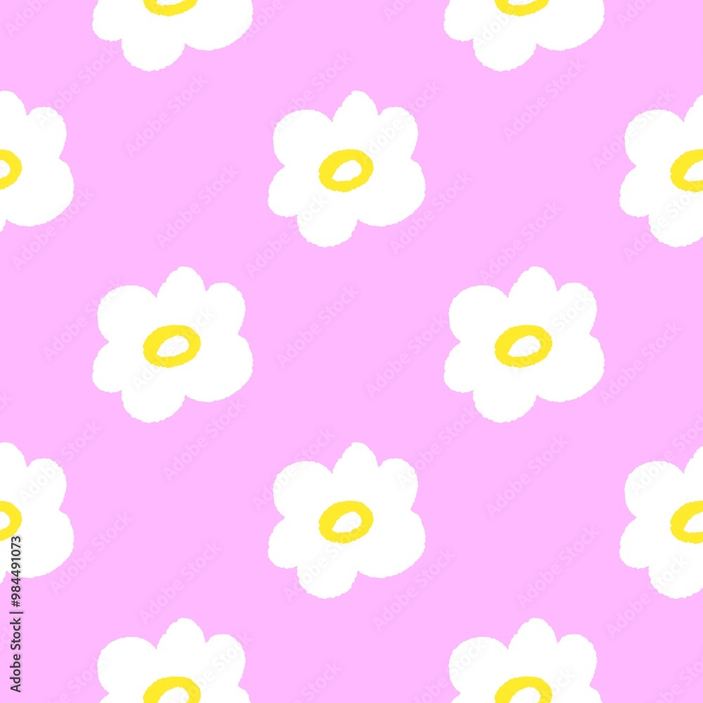 Seamless pattern with cute white daisy flowers on a bright pink background. Perfect for wallpaper and fabric, this print evokes the nostalgic charm of summer with a retro twist. Seamless pattern with cute white daisy flowers on a bright pink background. Perfect for wallpaper and fabric, this print evokes the nostalgic charm of summer with a retro twist.