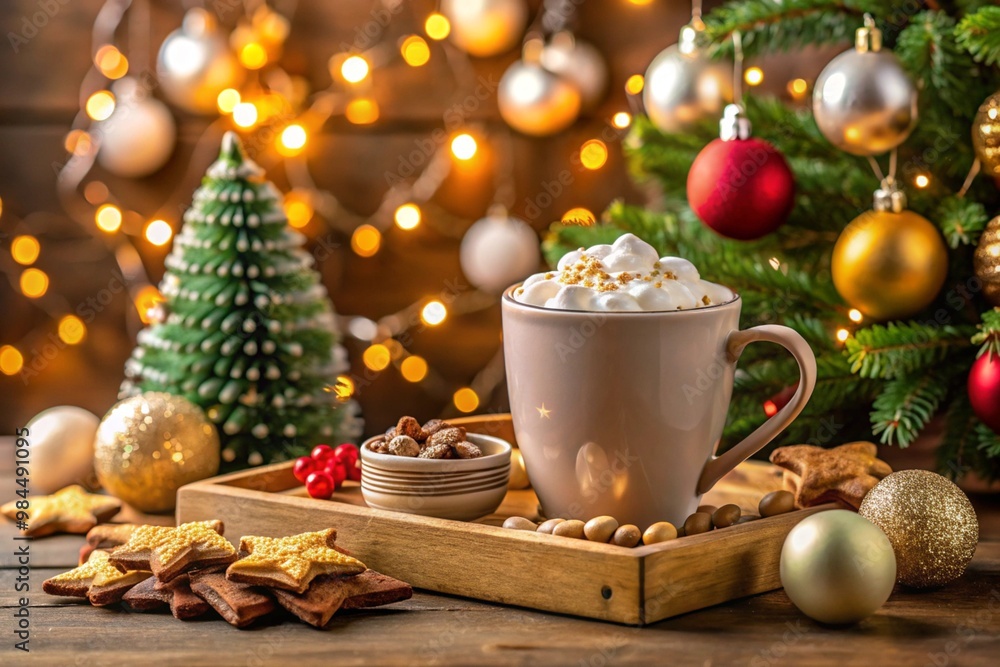 Cup of hot chocolate with marshmallow and cookies, christmas ornaments and gift on wooden tray against stylish christmas tree with lights. Cup of hot chocolate with marshmallow and cookies, christmas ornaments and gift on wooden tray against stylish christmas tree with lights.