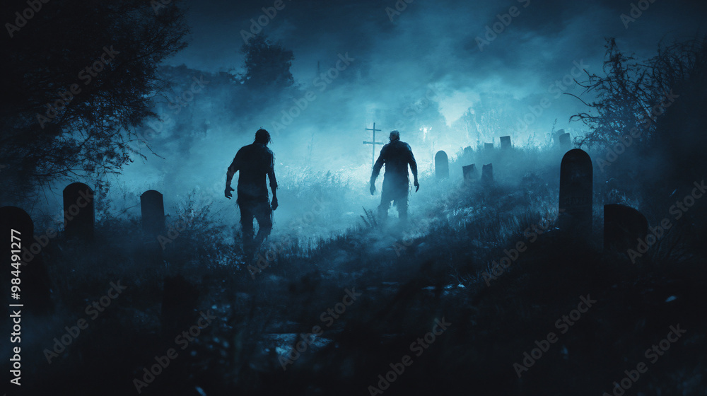 A pair of zombies dragging themselves through a graveyard at night, with fog swirling around the tombstones. A pair of zombies dragging themselves through a graveyard at night, with fog swirling around the tombstones.