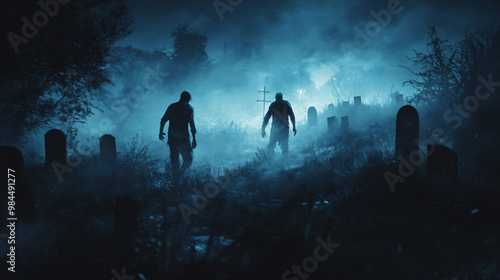 A pair of zombies dragging themselves through a graveyard at night, with fog swirling around the tombstones.