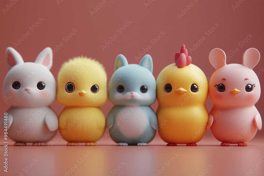 A set of cute baby animals, 3D cute animation style, on pastel background A set of cute baby animals, 3D cute animation style, on pastel background