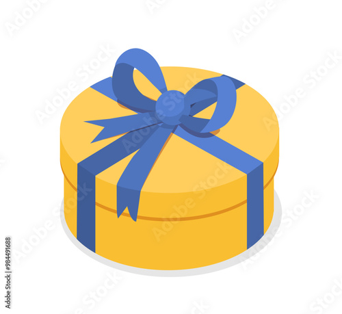 Isometric gift box. Yellow closed giftbox with blue bow. Holiday and festival. Package for present or surprise. Christmas and New Year. 3D vector illustration
