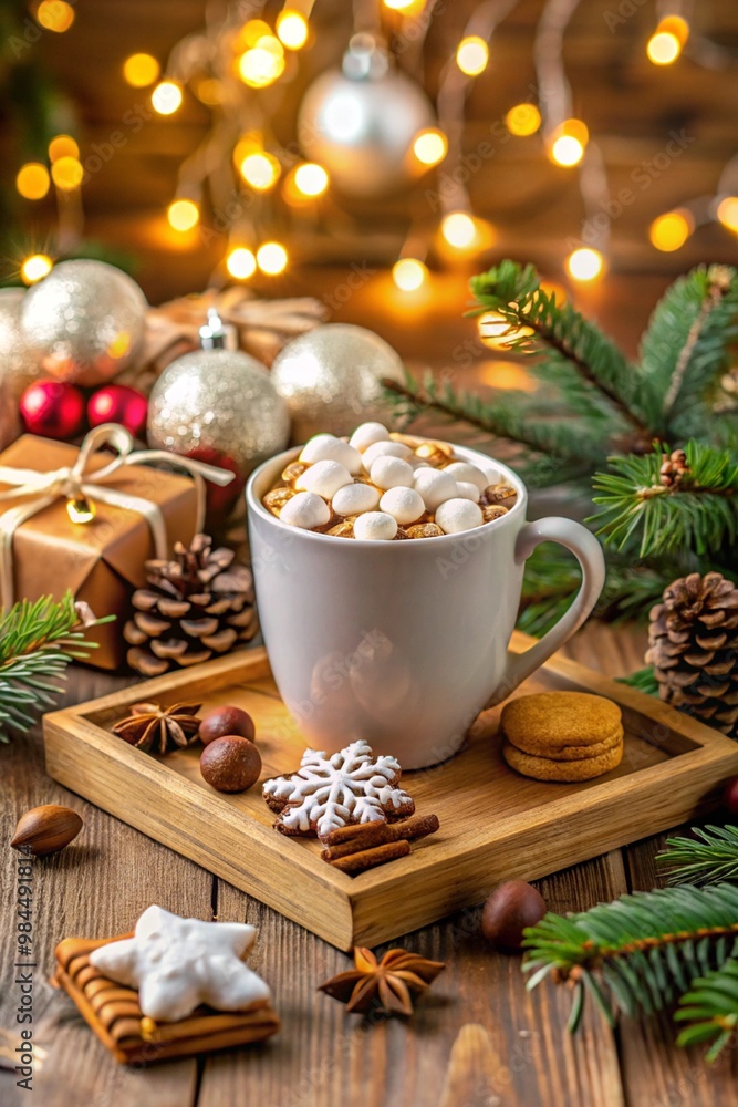 Cup of hot chocolate with marshmallow and cookies, christmas ornaments and gift on wooden tray against stylish christmas tree with lights. Cup of hot chocolate with marshmallow and cookies, christmas ornaments and gift on wooden tray against stylish christmas tree with lights.
