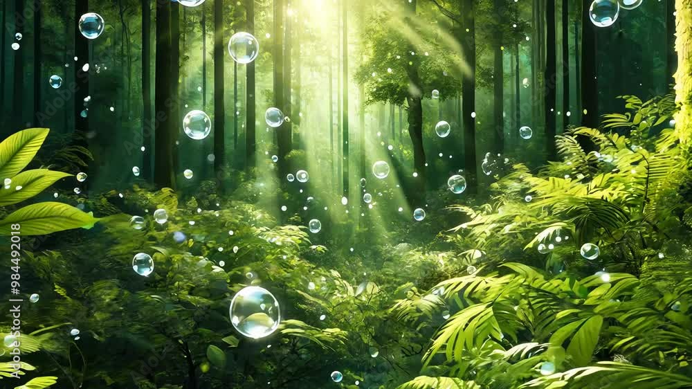 A beautiful Enchanted Forest filled with Bubbles and Bright Sunlight A beautiful Enchanted Forest filled with Bubbles and Bright Sunlight
