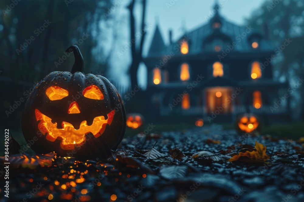 A Lit Jack-o'-Lantern with a Haunted House in the Background A Lit Jack-o'-Lantern with a Haunted House in the Background