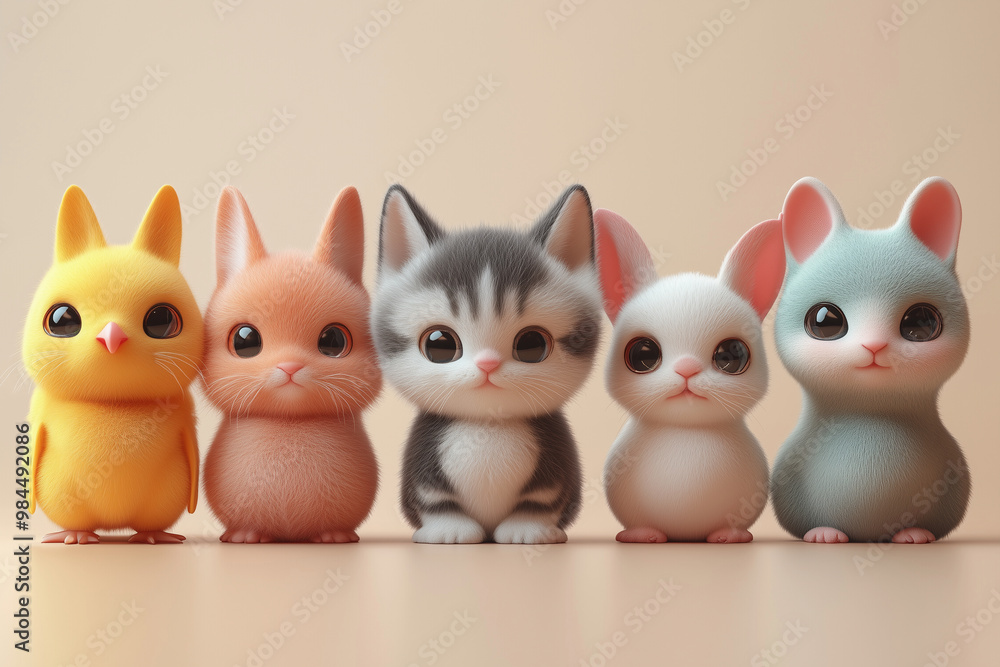 A set of cute baby animals, 3D cute animation style, on pastel background A set of cute baby animals, 3D cute animation style, on pastel background