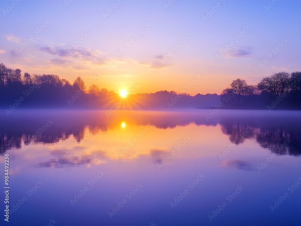 Fototapeta premium A breathtaking sunset paints the sky with hues of orange, pink, and purple, reflecting on a calm lake. The scene is peaceful and serene, capturing the beauty of nature's twilight.