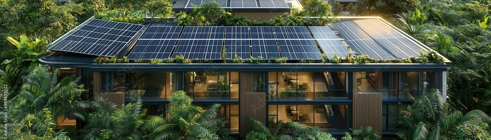 Fototapeta premium A modern house with solar panels, surrounded by lush greenery, showcasing sustainable architecture and eco-friendly living.