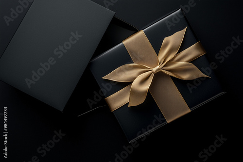 A black box for gift wth gold ribbon on a table photo