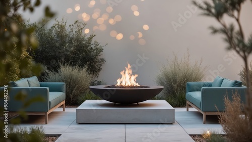Wallpaper Mural Elegant outdoor patio featuring a minimalist design with a sleek central fire pit, flanked by comfortable modern couches under serene lighting. Torontodigital.ca