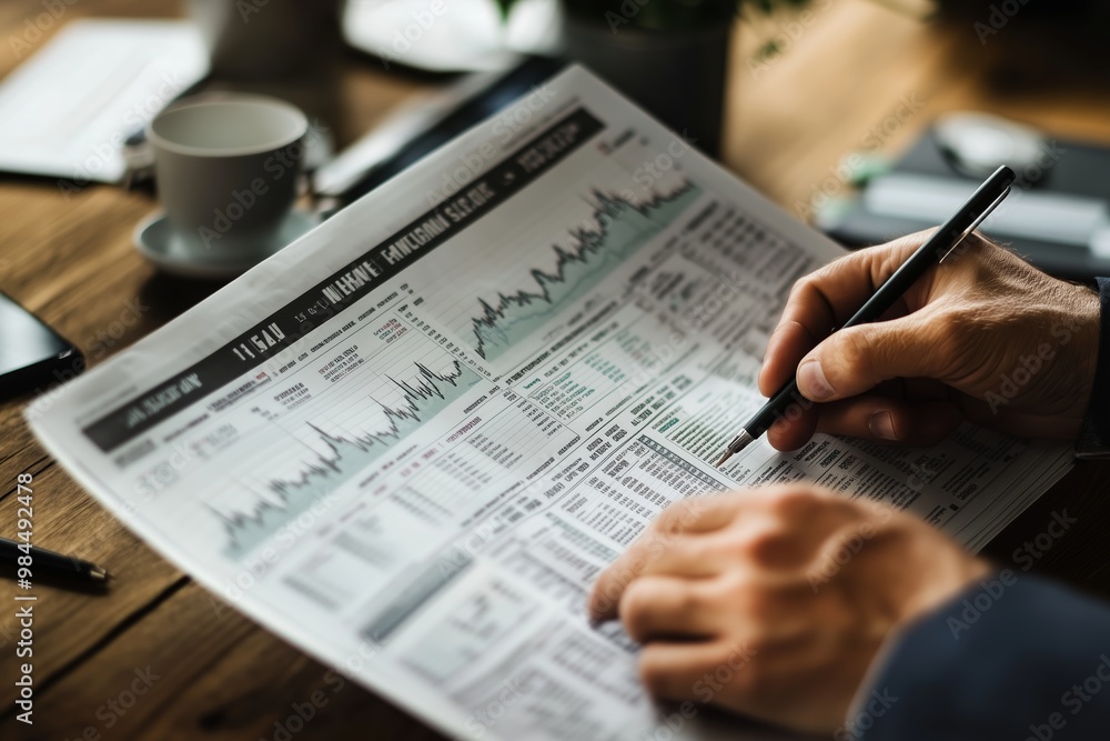 Obraz premium Analyzing financial data with graphs and charts while seated at a wooden desk during the afternoon