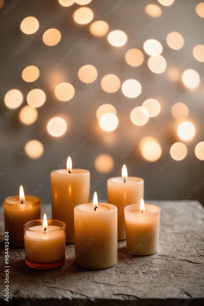 A cozy scene featuring several lit candles, each casting a warm, gentle glow with out-of-focus bokeh lights softly twinkling behind. A cozy scene featuring several lit candles, each casting a warm, gentle glow with out-of-focus bokeh lights softly twinkling behind.