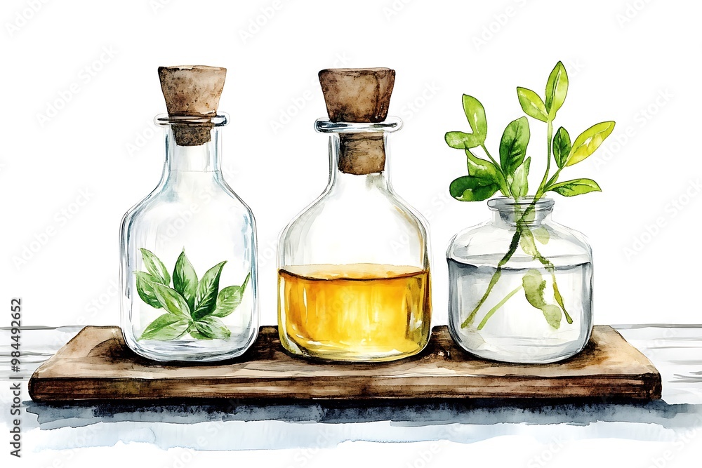 Obraz premium Watercolor Illustration of Three Bottles of Essential Oils with Herbs on a Wooden Tray.