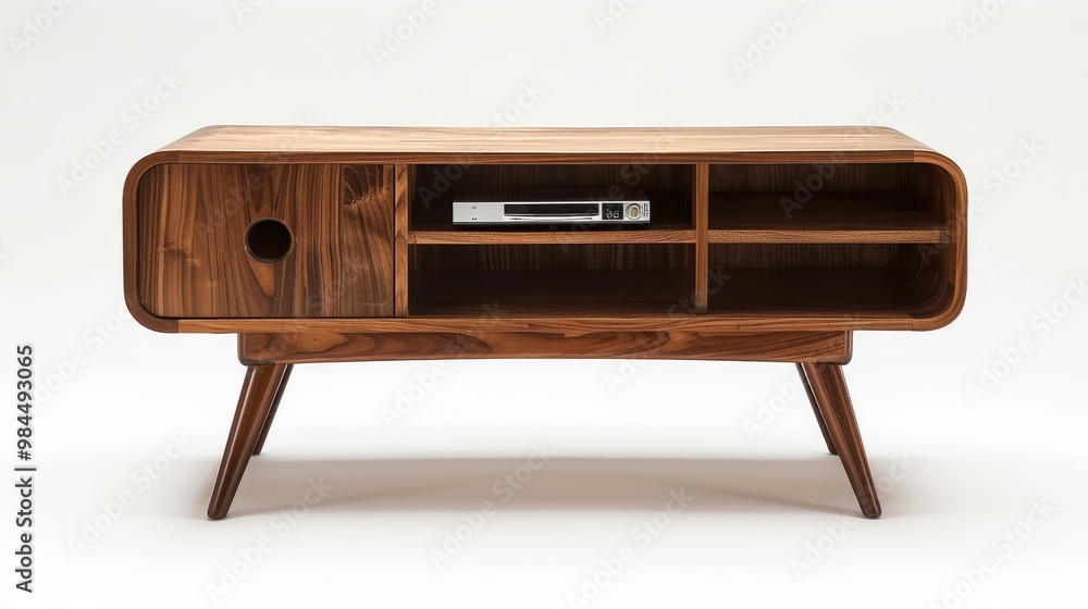 mid-century modern TV stand with a walnut finish mid-century modern TV stand with a walnut finish