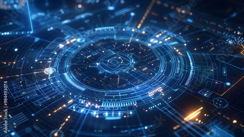 Wallpaper Mural A blue and yellow circle with a lot of dots and lines. The circle is surrounded by a blue background Torontodigital.ca