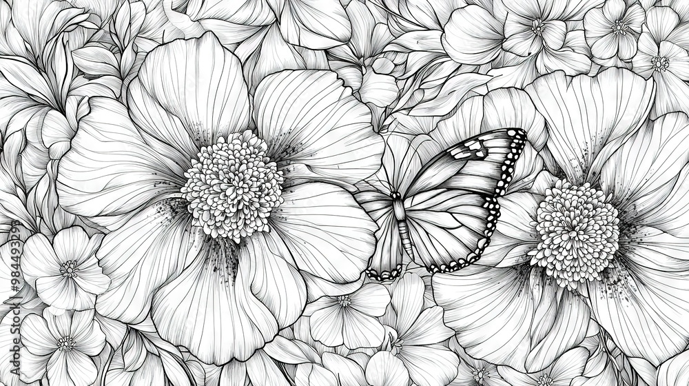 A monochrome depiction of flora featuring a butterfly perched atop the central blossom and another butterfly positioned in the middle of the flower A monochrome depiction of flora featuring a butterfly perched atop the central blossom and another butterfly positioned in the middle of the flower