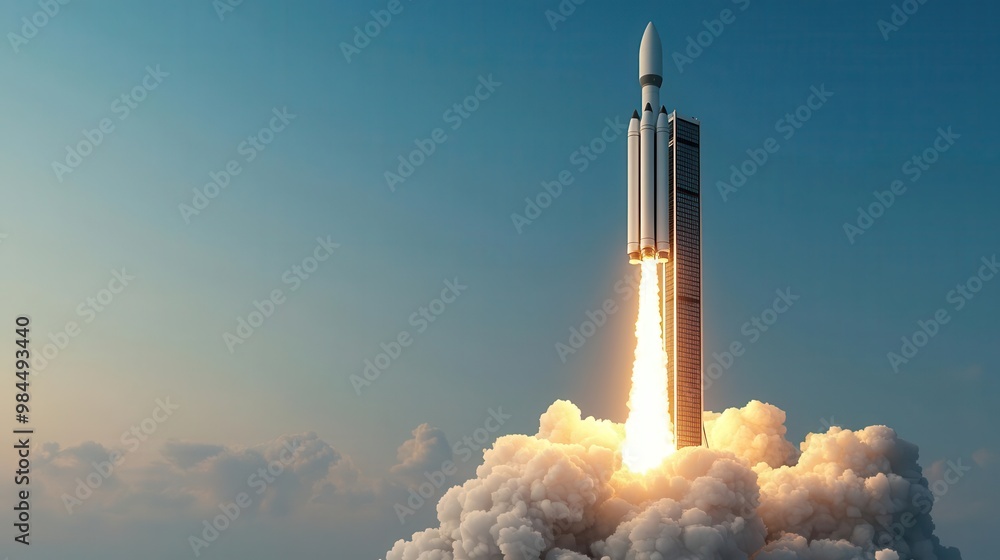 A powerful rocket launches into the sky, emitting flames and smoke, symbolizing innovation and exploration beyond Earth. A powerful rocket launches into the sky, emitting flames and smoke, symbolizing innovation and exploration beyond Earth.