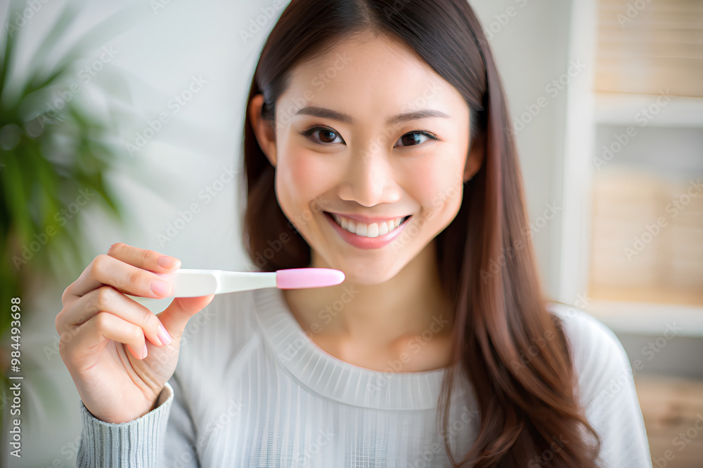 Happy Asian Woman holding pregnancy test and smiling Happy Asian Woman holding pregnancy test and smiling