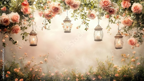 Romantic Floral Background with Lanterns and Roses