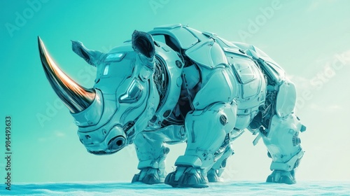 Robot rhino charging forward on a pastel blue surface, with large metallic horn glowing. photo