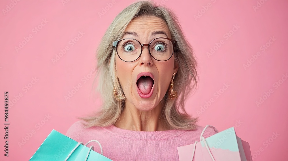 Closeup photo of funny girl amazed open mouth looking small prices in shopping center hold packages isolated on pink color background Closeup photo of funny girl amazed open mouth looking small prices in shopping center hold packages isolated on pink color background