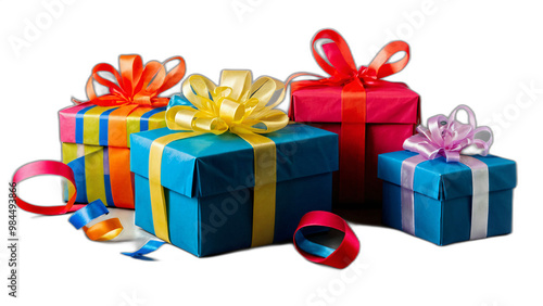 Gift boxes of different colors, wrapped with colorful ribbons and bows. They are arranged on a white background. This image is perfect for any project related to celebration, gifts, presents.