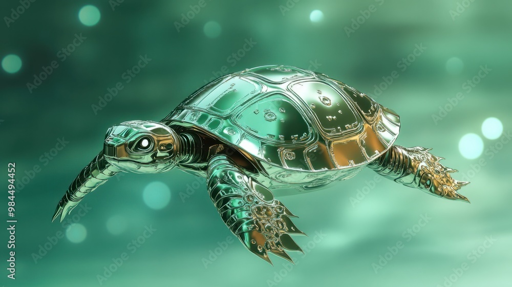 Obraz premium Turtle robot slowly moving on a pastel green background, shell gleaming with metallic patterns.