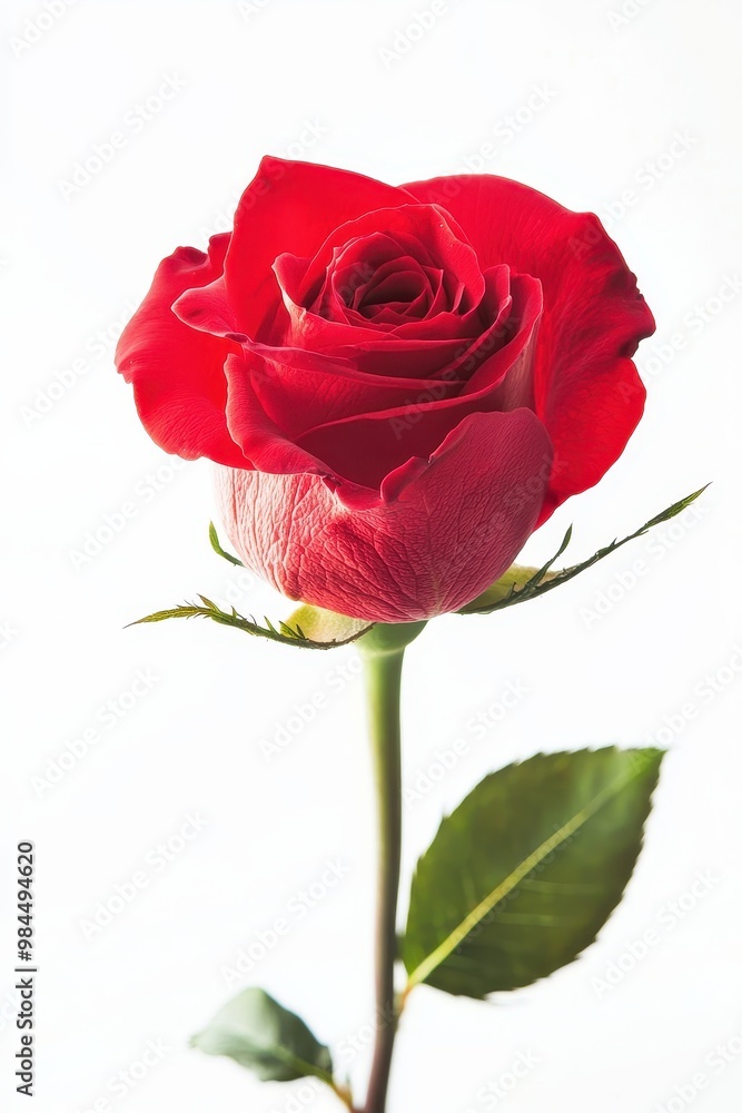 Close up of a vibrant red rose with stem and leaves against a white background. Close up of a vibrant red rose with stem and leaves against a white background.