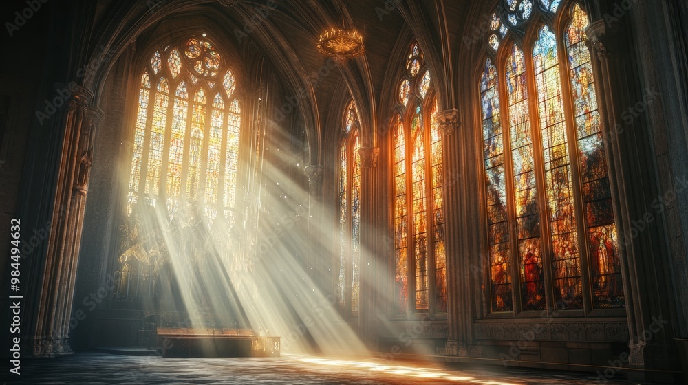 Fototapeta premium A majestic cathedral with intricate stained glass windows, bathed in sunlight