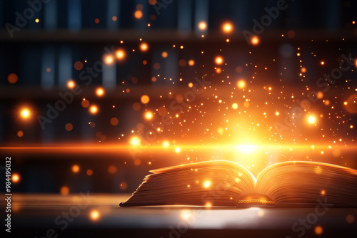 A book is open to a page with a bright yellow light shining on it. The light is creating a glowing effect around the book, making it look like it's glowing from within. The scene gives off a warm photo