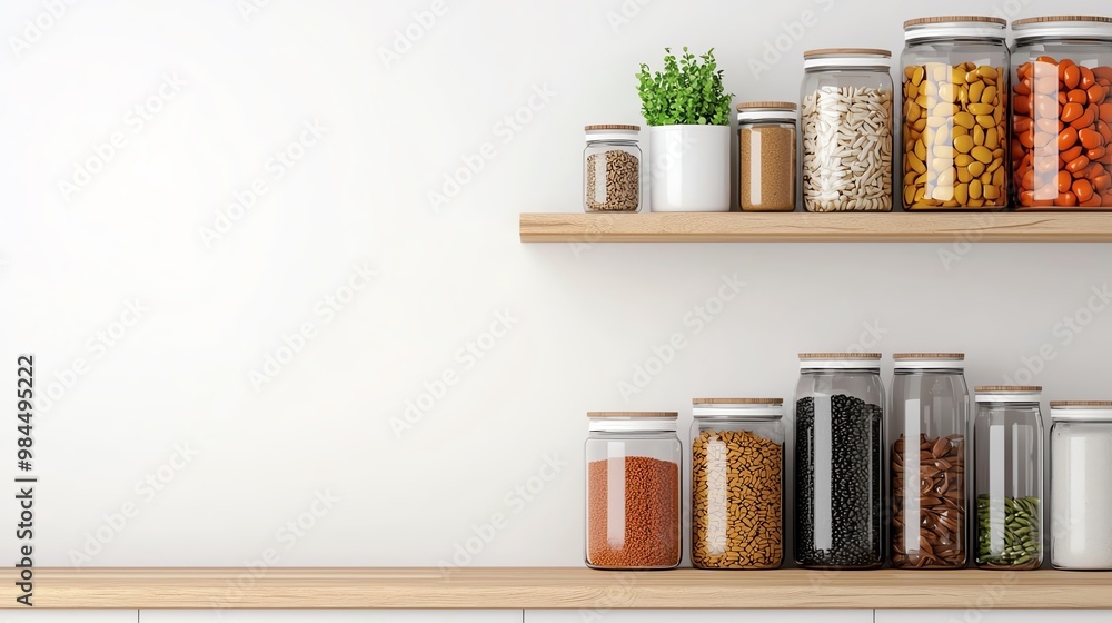 Stylish kitchen shelf featuring jars filled with various spices, grains, and herbs, creating an organized and modern look. Stylish kitchen shelf featuring jars filled with various spices, grains, and herbs, creating an organized and modern look.