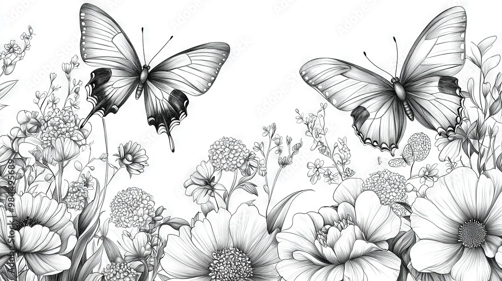 Two butterflies flying above a field of daisies in black and white Two butterflies flying above a field of daisies in black and white