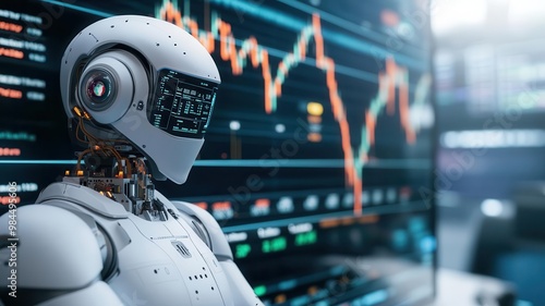 AI trader conducting machinedriven stock analysis, working within a futuristic trading terminal