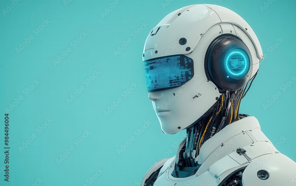 Mechanical humanoid processing AIpowered trading strategies, glowing with blue LED lights Mechanical humanoid processing AIpowered trading strategies, glowing with blue LED lights