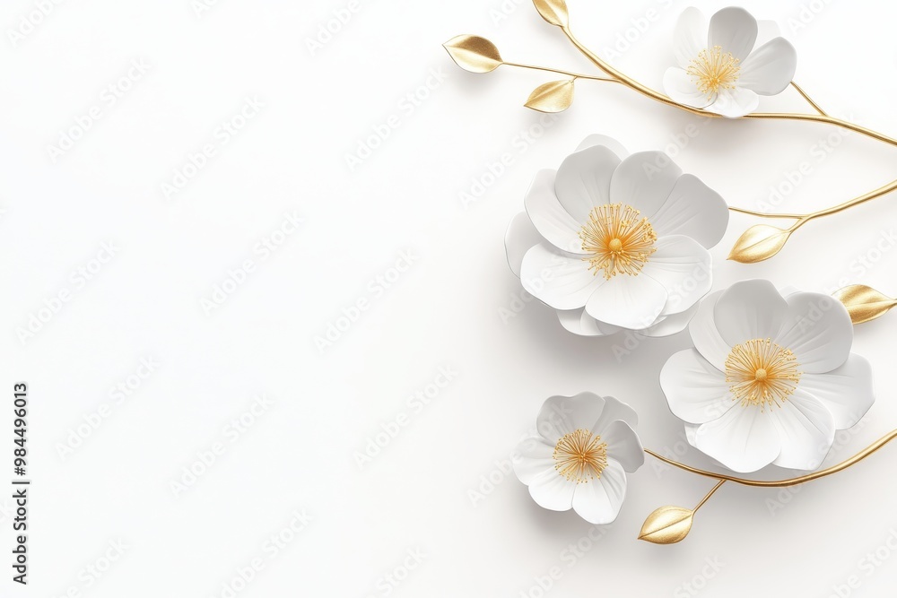 On a white background, three white flowers are painted On a white background, three white flowers are painted