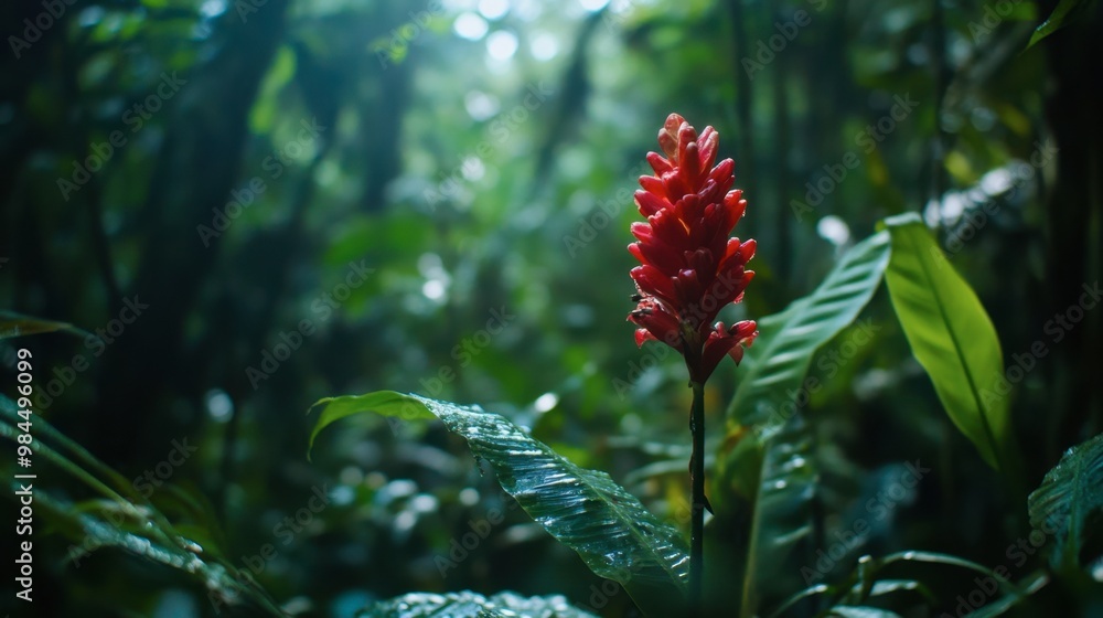 A bright red ginger flower emerging from a dense green background in a tropical rainforest. A bright red ginger flower emerging from a dense green background in a tropical rainforest.
